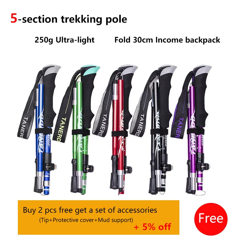 5-Section Outdoor Fold Trekking Pole Camping Portable Walking Hiking Stick for Nordic Elderly Telescopic Club Easy Put into Bag