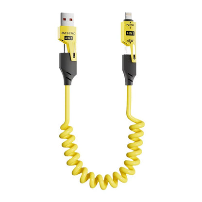 65W Spring Telescopic Four in One Data Cable USB Mech Super Fast Charging Phone Data Cable Suitable for Iphone 16 Huawei