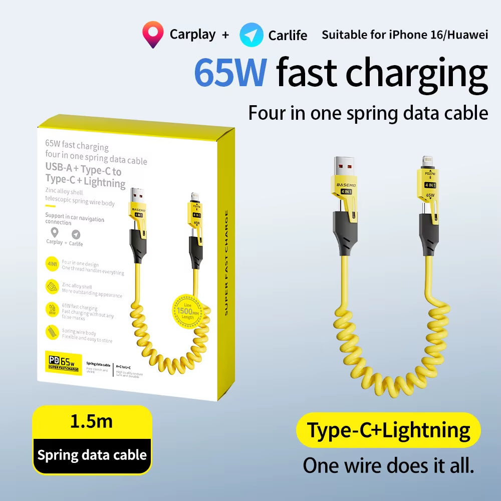 65W Spring Telescopic Four in One Data Cable USB Mech Super Fast Charging Phone Data Cable Suitable for Iphone 16 Huawei