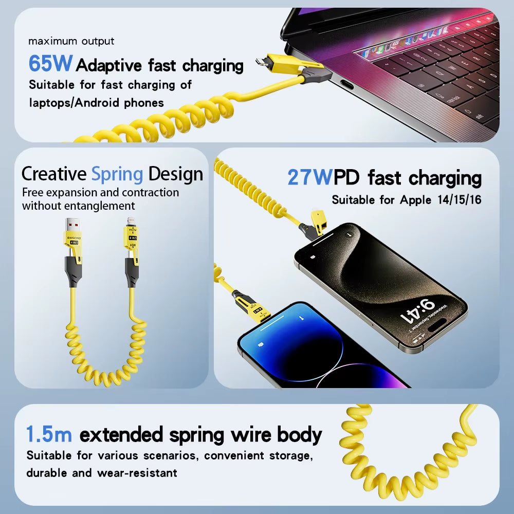 65W Spring Telescopic Four in One Data Cable USB Mech Super Fast Charging Phone Data Cable Suitable for Iphone 16 Huawei